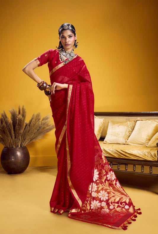 Red Munga Silk Readymade/Easy Saree - Panaash Saree