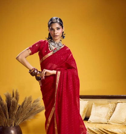 Red Munga Silk Readymade/Easy Saree - Panaash Saree