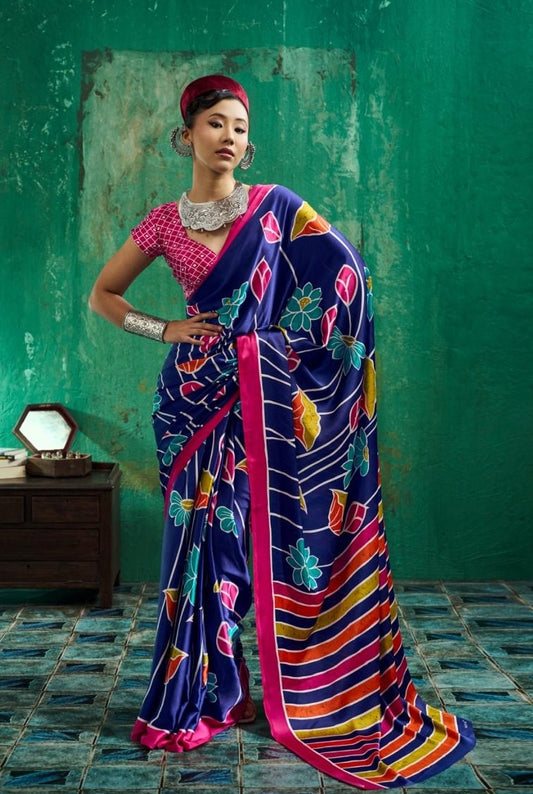 Royal blue modal silk saree with floral stripes and pink border, ready to wear