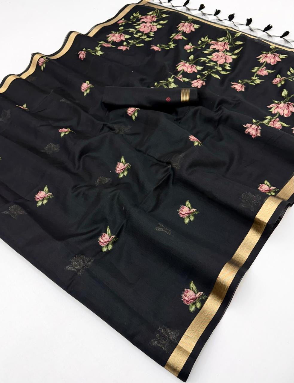 Black Munga Silk  Ready To Wear/Easy Saree by Stylebypanaash