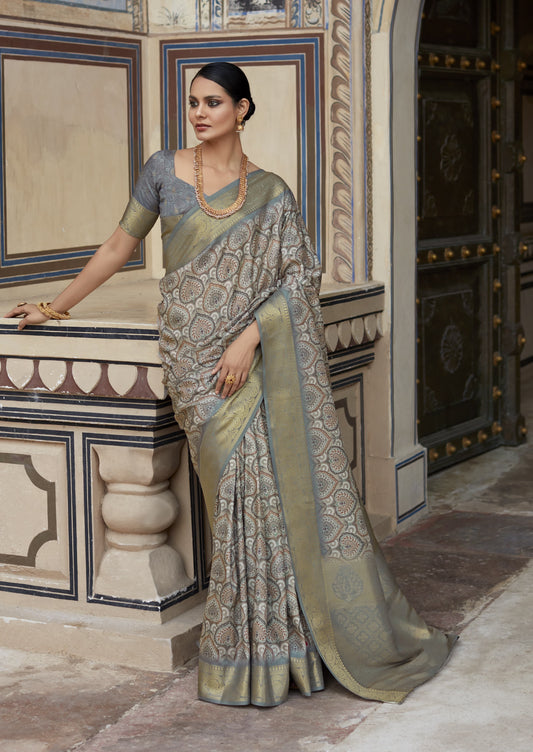 Grey Printed Silk Readymade/Easy Saree