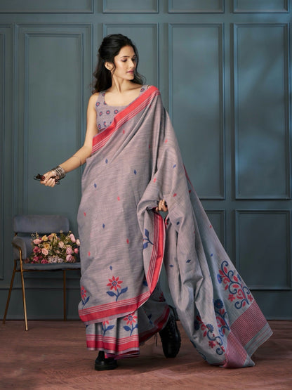 Grey Color Resham Woven Cotton Office Wear Easy/Readymade Saree