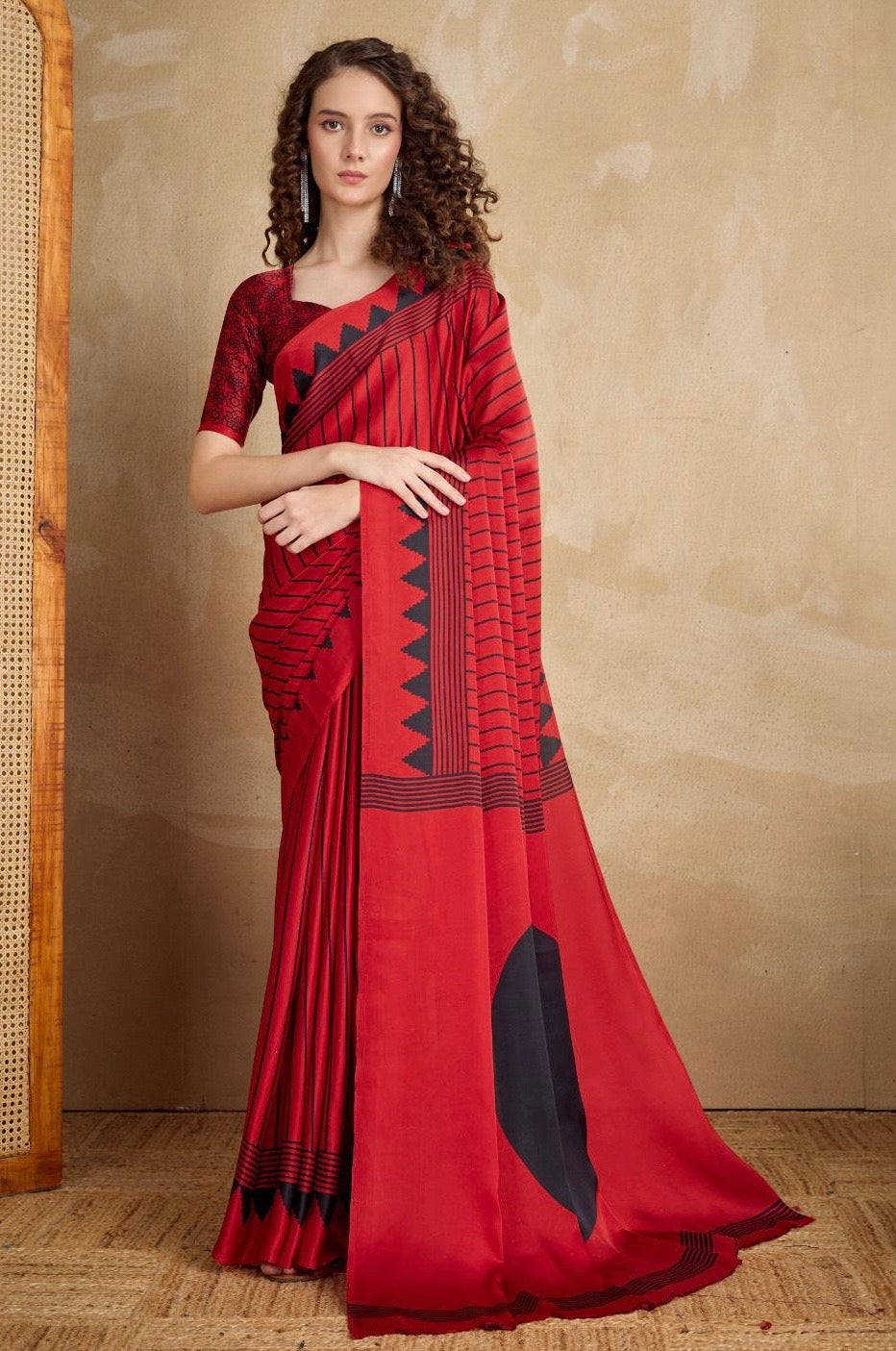 Red & Black Crepe Silk Readymade Saree