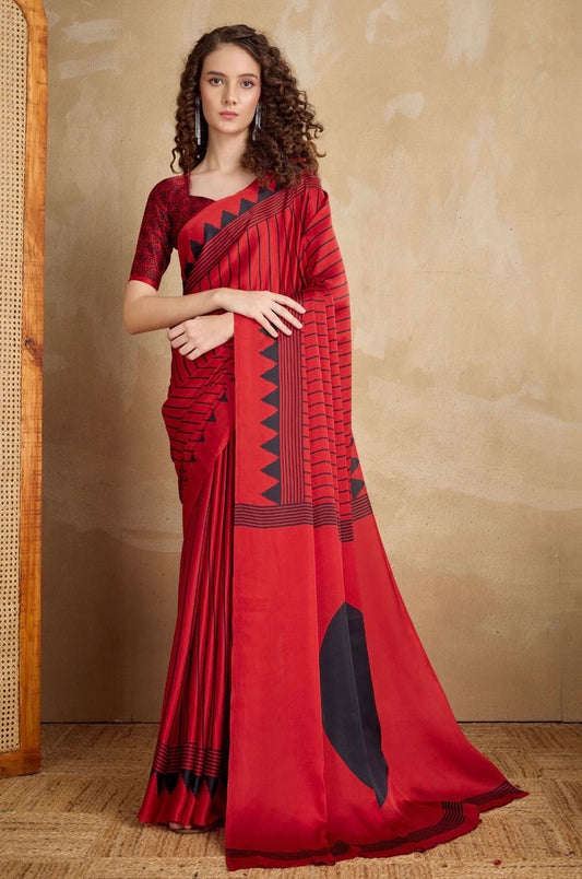 Red & Black Crepe Silk Readymade Saree