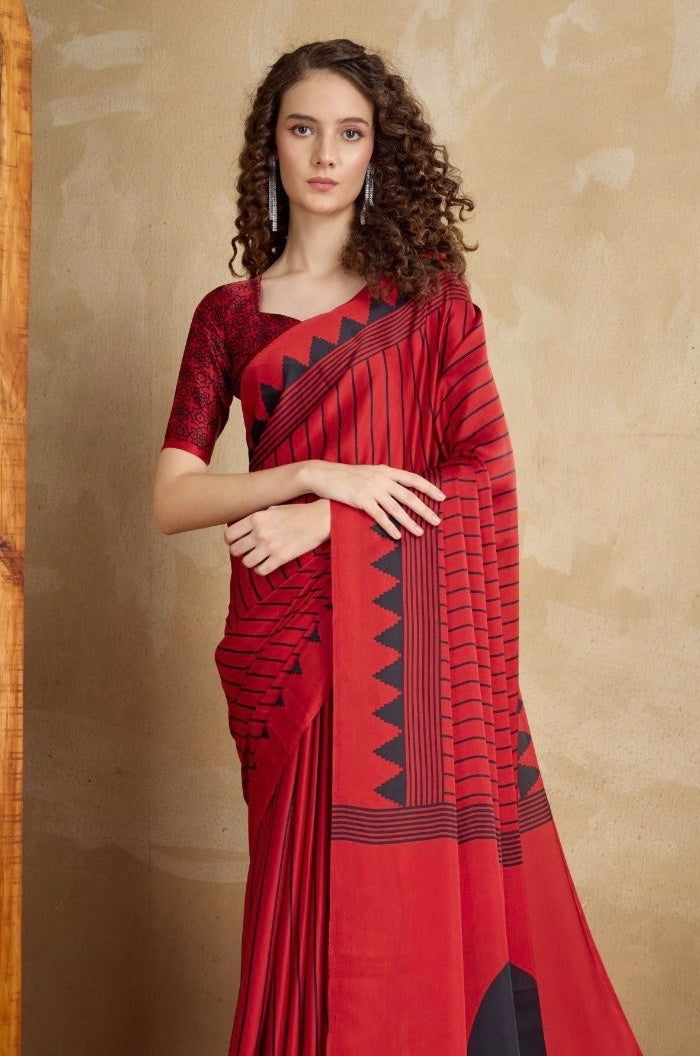 Red & Black Crepe Silk Readymade Saree