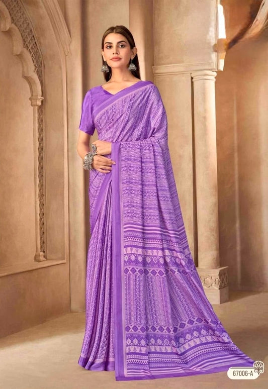 Lavender purple crepe silk ready-to-wear saree with patterned border and drape