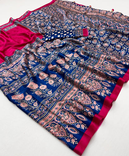 Pink & Royal Blue Crepe Silk Readymade/Easy Saree