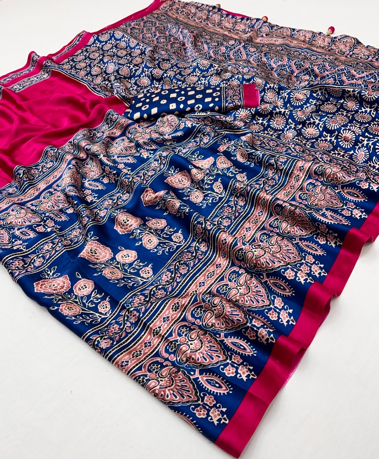Pink & Royal Blue Crepe Silk Normal Drape Saree - Panaash Saree