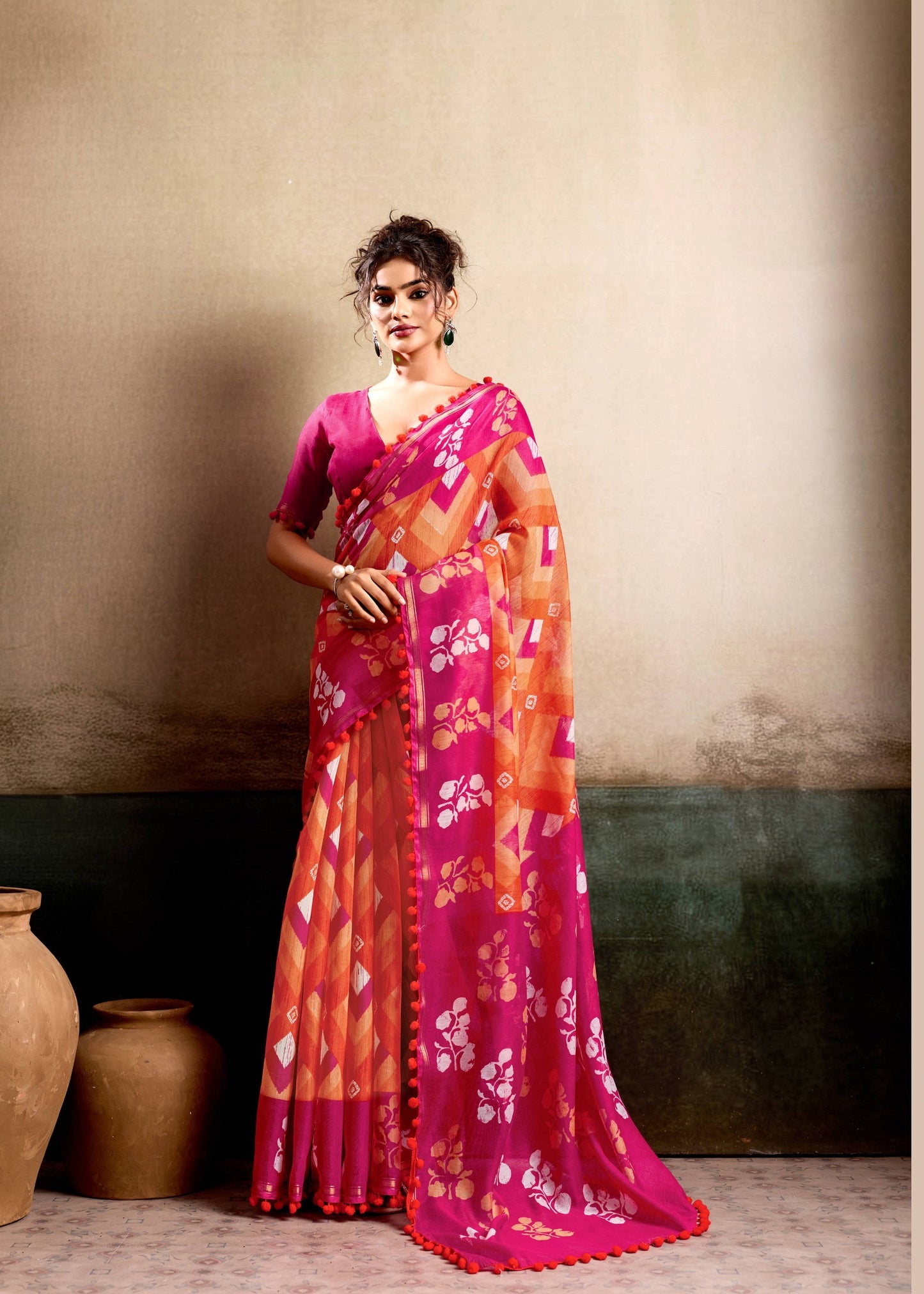 Orange Pink Mul Cotton Ready To Wear/Easy Saree