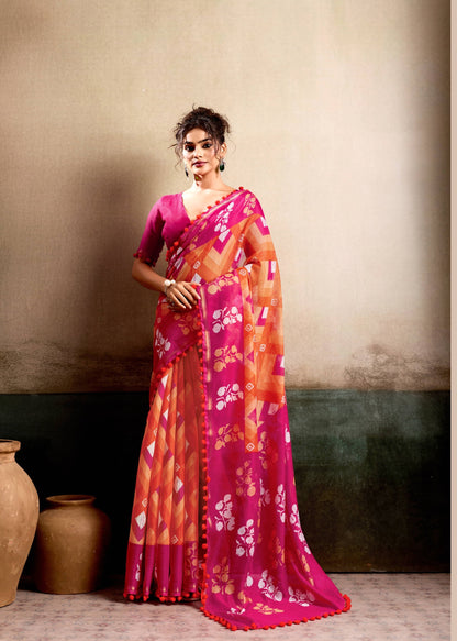 Orange Pink Mul Cotton Ready To Wear/Easy Saree