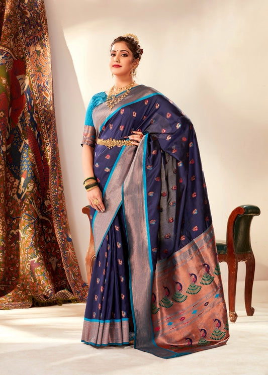 Navy Blue Paithani Silk Readymade Saree With Customised Blouse