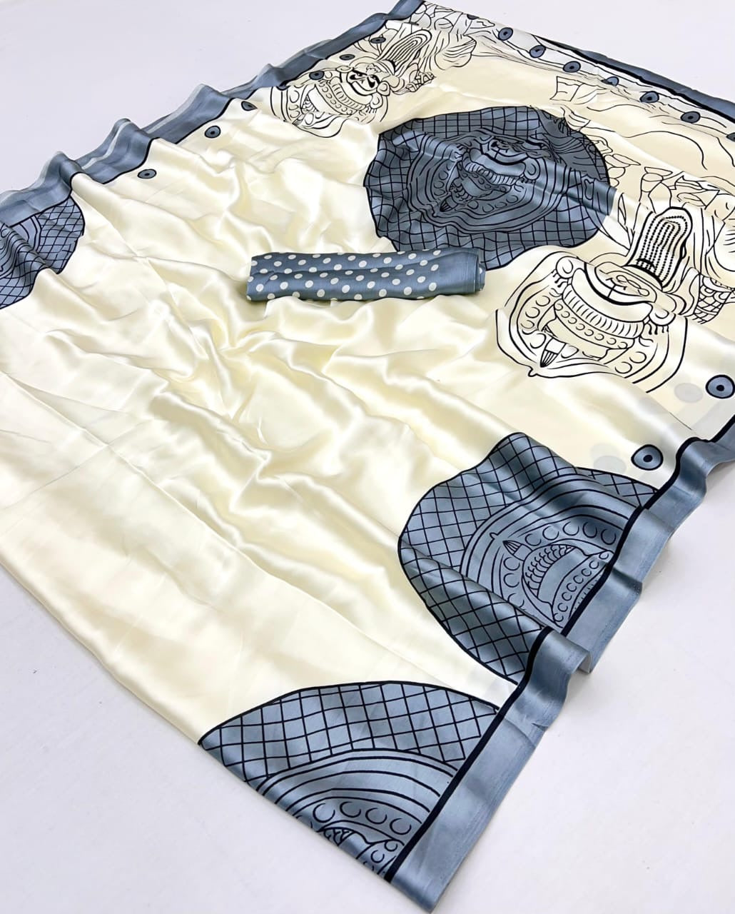 Grey and White Crepe Silk Readymade/Easy Saree