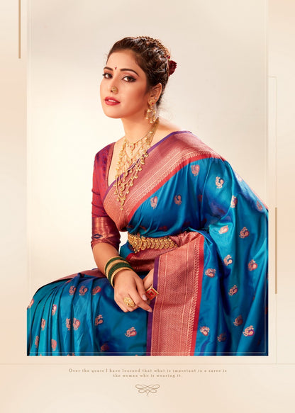 Blue Paithani Silk Readymade Saree With Customised Stitched Blouse