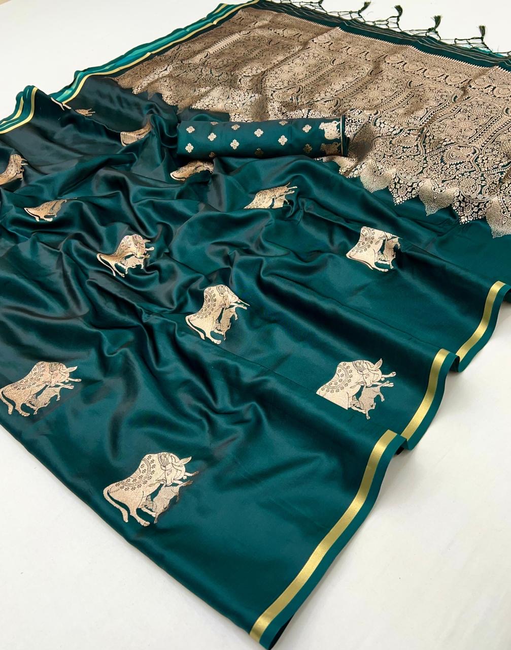 Bottle Green Satin Silk Readymade/Easy Saree