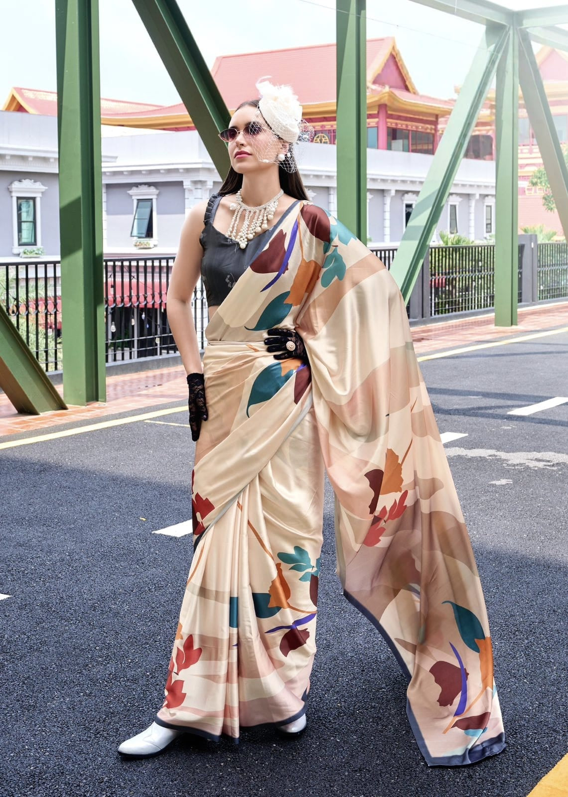 Cream Crepe Silk Ready To Wear/Easy Saree