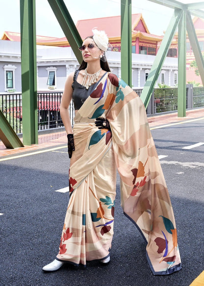 Cream Crepe Silk Ready To Wear/Easy Saree