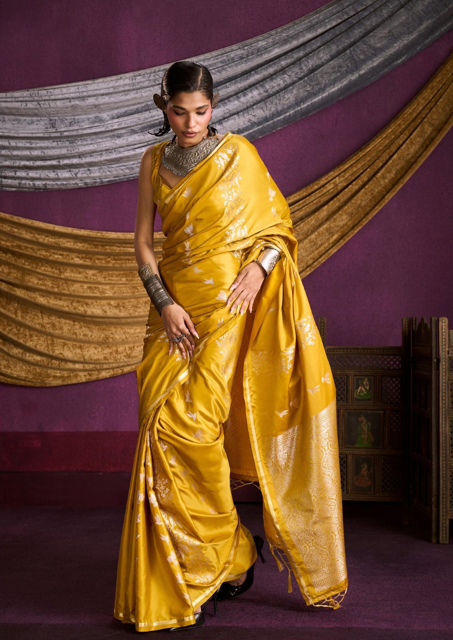 Mustard Yellow Satin Silk Readymade/Easy Saree - Panaash Saree