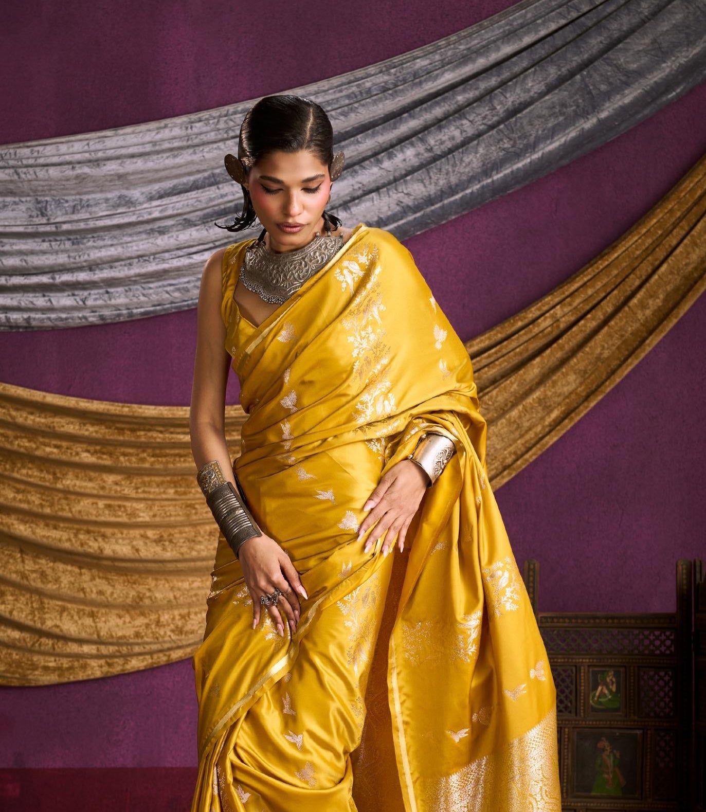 Mustard Yellow Satin Silk Readymade/Easy Saree - Panaash Saree