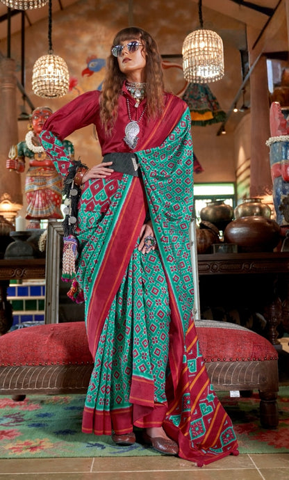 Teal Green Patola Silk Readymade/Easy Saree