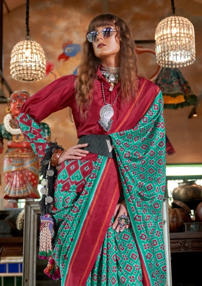 Teal Green Patola Silk Readymade/Easy Saree