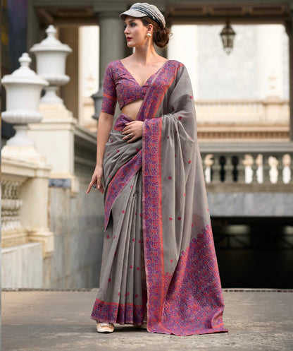 Grey Color Resham Woven Linen Cotton Easy/Readymade Saree