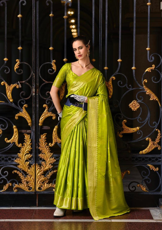 Lime Green Satin Silk Readymade/Easy Saree