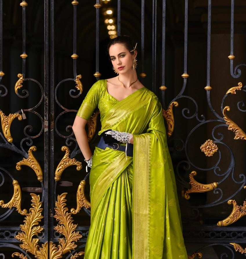 Lime Green Satin Silk Readymade/Easy Saree - Panaash Saree