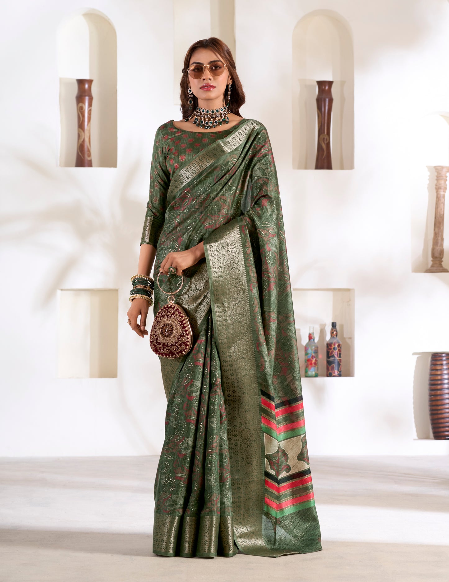 Green Color Printed Soft Silk Readymade/Easy Saree