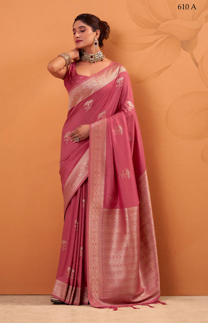 Mauve Pink Tussar Silk Readymade/Easy Saree