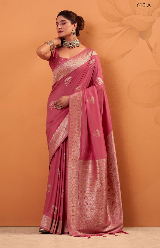 Mauve Pink Tussar Silk Readymade/Easy Saree