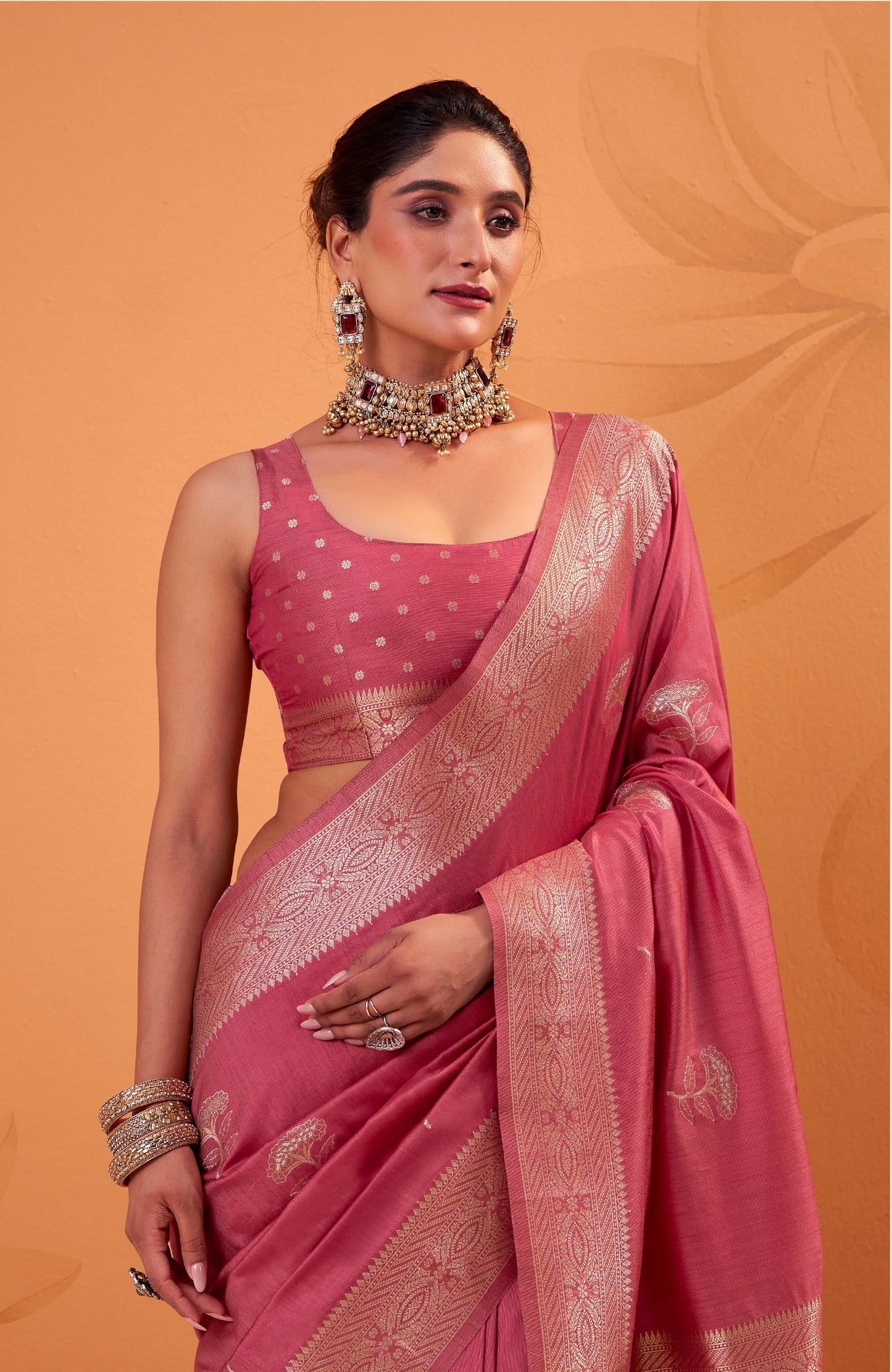 Mauve Pink Tussar Silk Readymade/Easy Saree