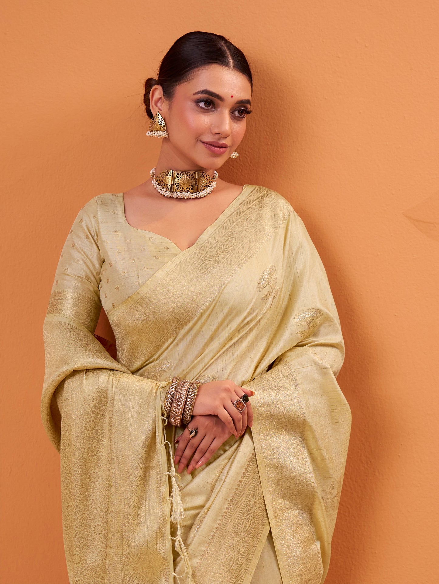 Champagne beige Tussar Silk Readymade/Easy Saree