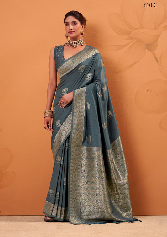 Slate blue Tussar Silk Readymade/Easy Saree