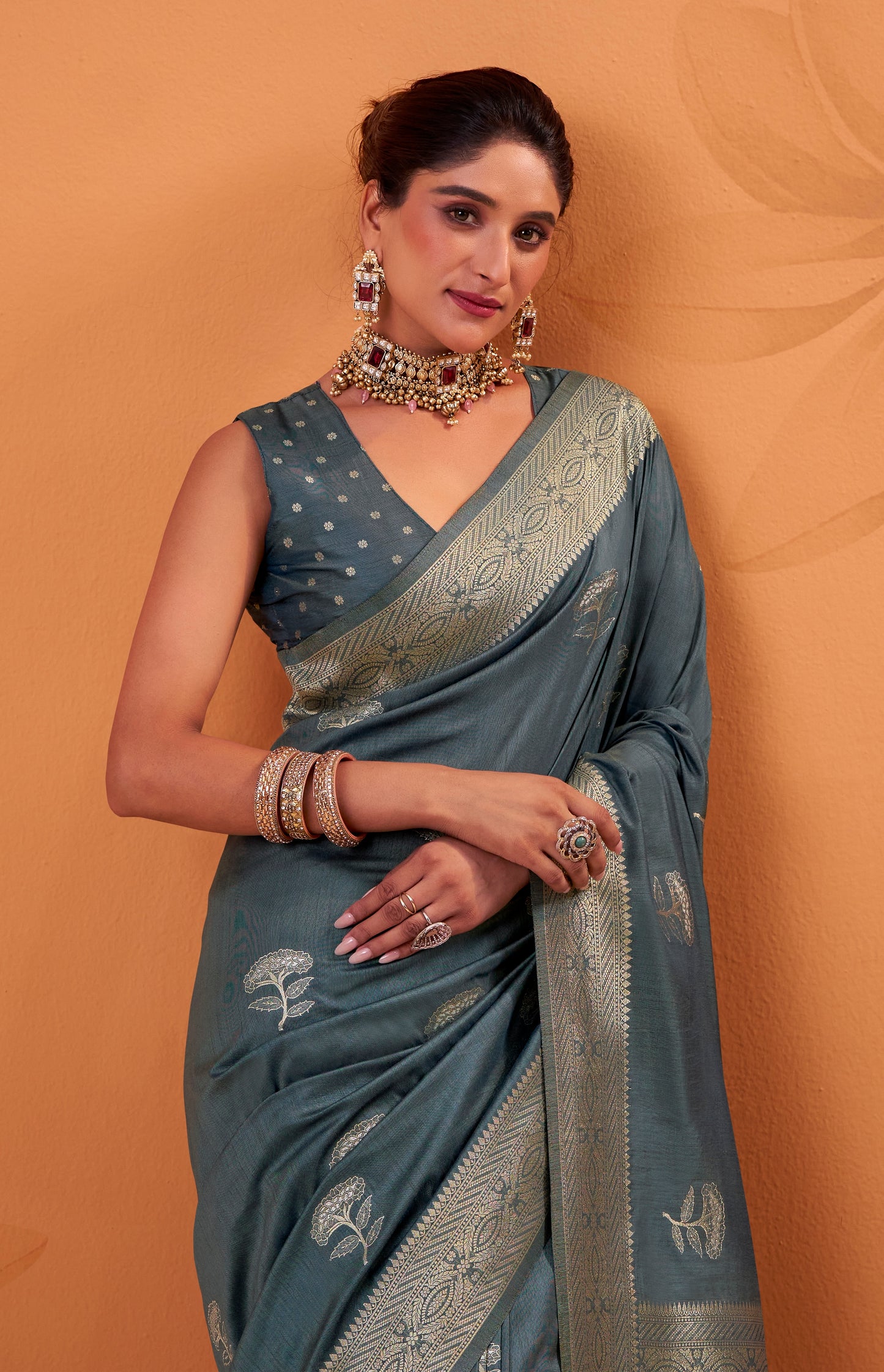 Slate blue Tussar Silk Readymade/Easy Saree