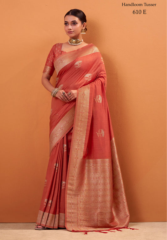 Rust orange Tussar Silk Readymade/Easy Saree