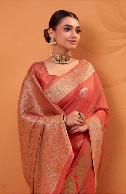 Rust orange Tussar Silk Readymade/Easy Saree