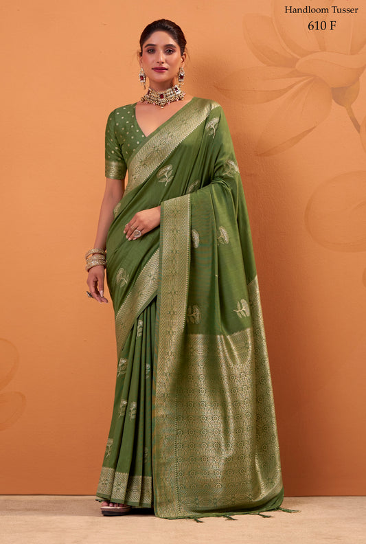 Olive Green Tussar Silk Readymade/Easy Saree