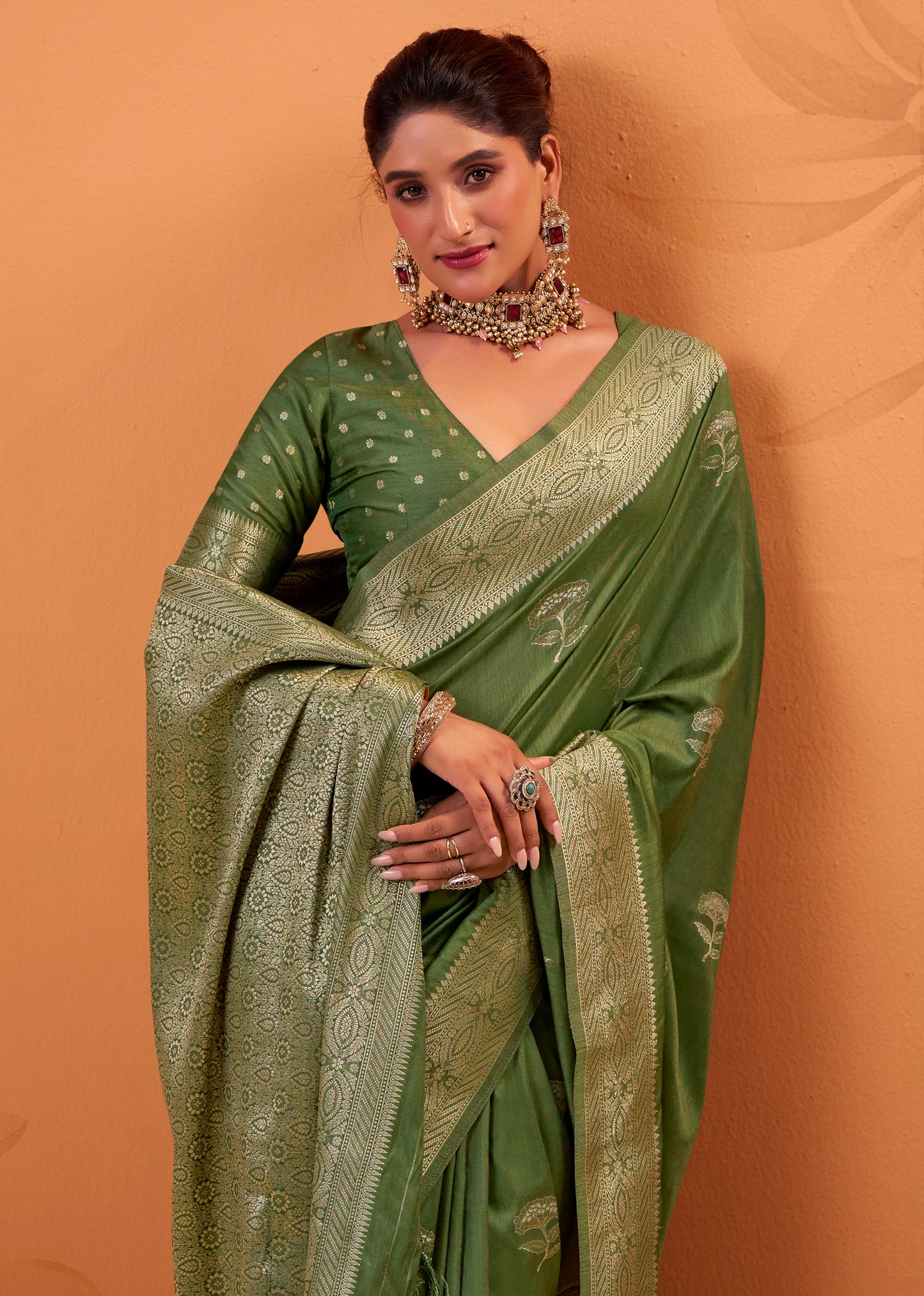 Olive Green Tussar Silk Readymade/Easy Saree