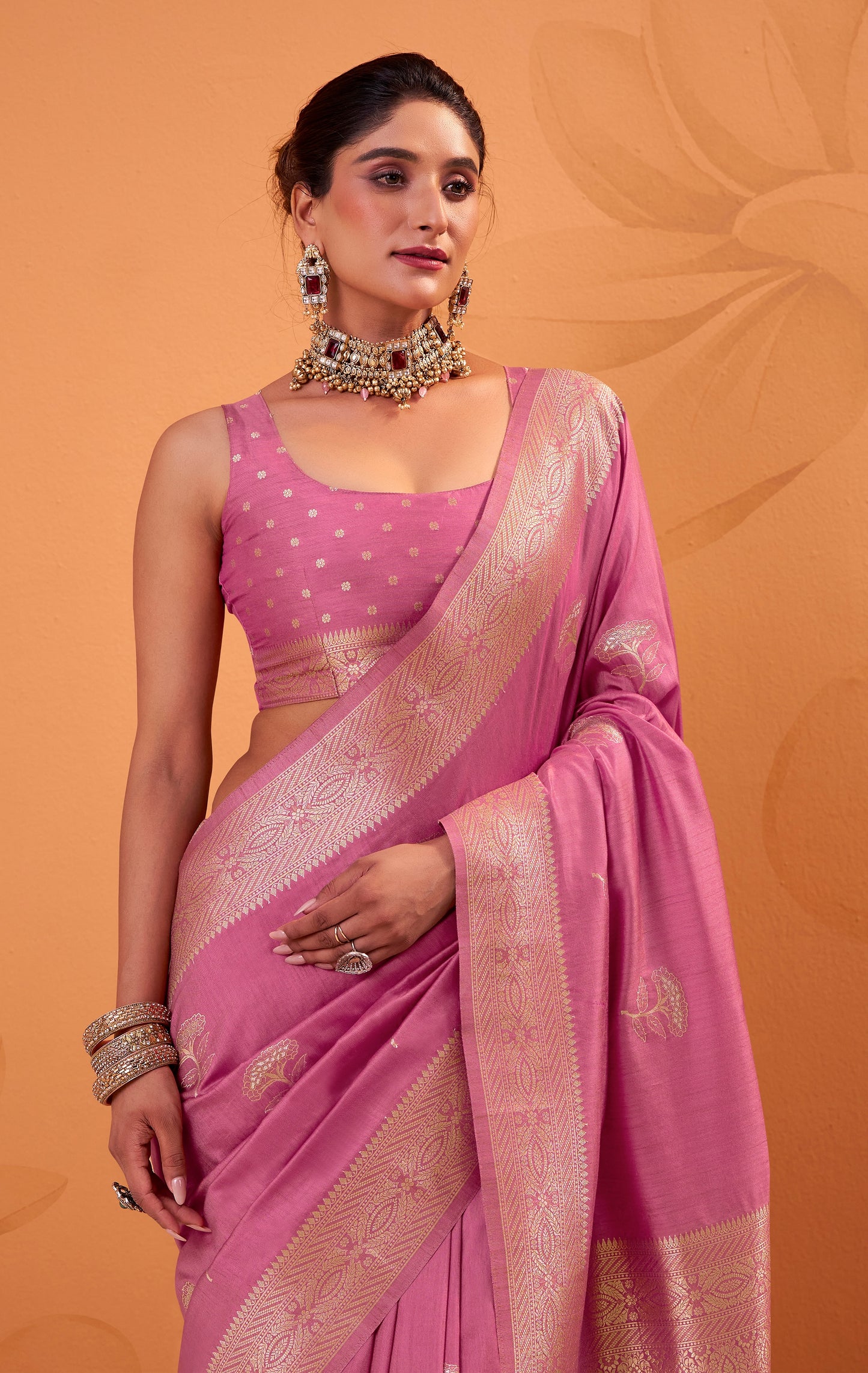 Pink Tussar Silk Readymade/Easy Saree
