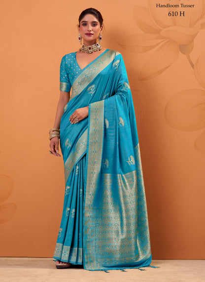 Blue Tussar Silk Readymade/Easy Saree