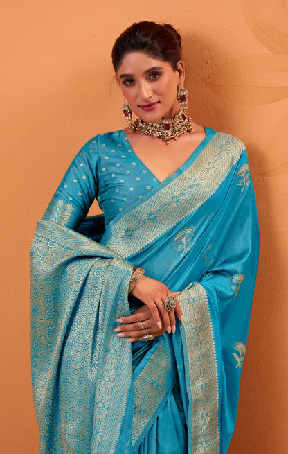 Blue Tussar Silk Readymade/Easy Saree