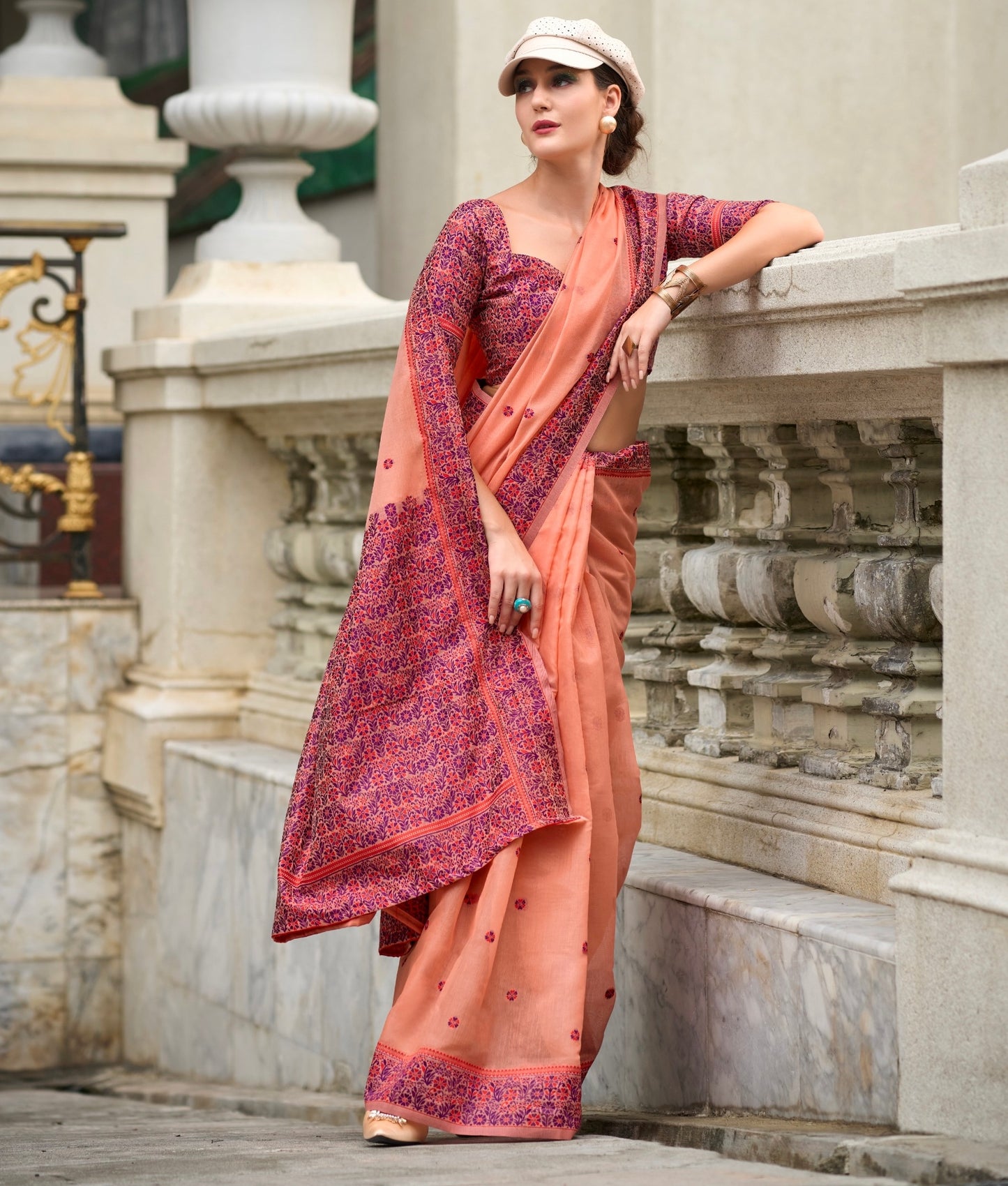 Peach Color Resham Woven Linen Cotton Easy/Readymade Saree