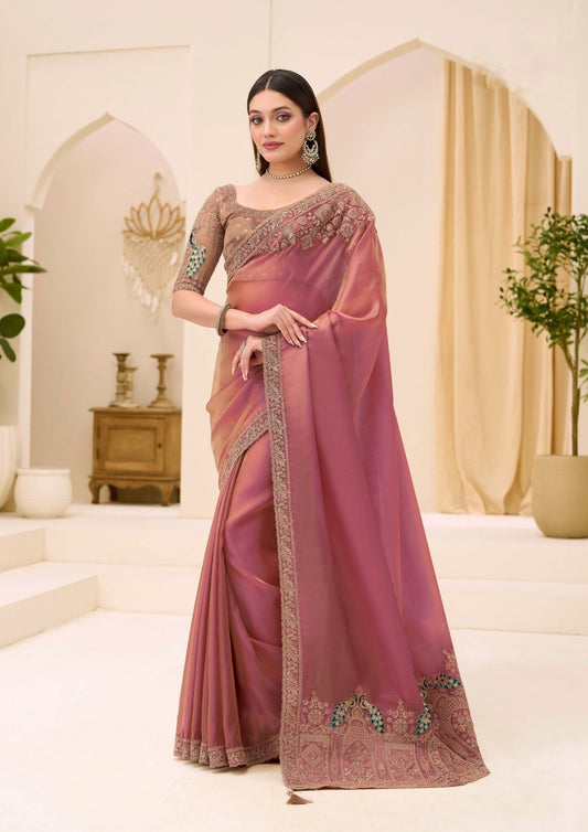 Rose Pink Cocktail Party Wear Readymade Saree
