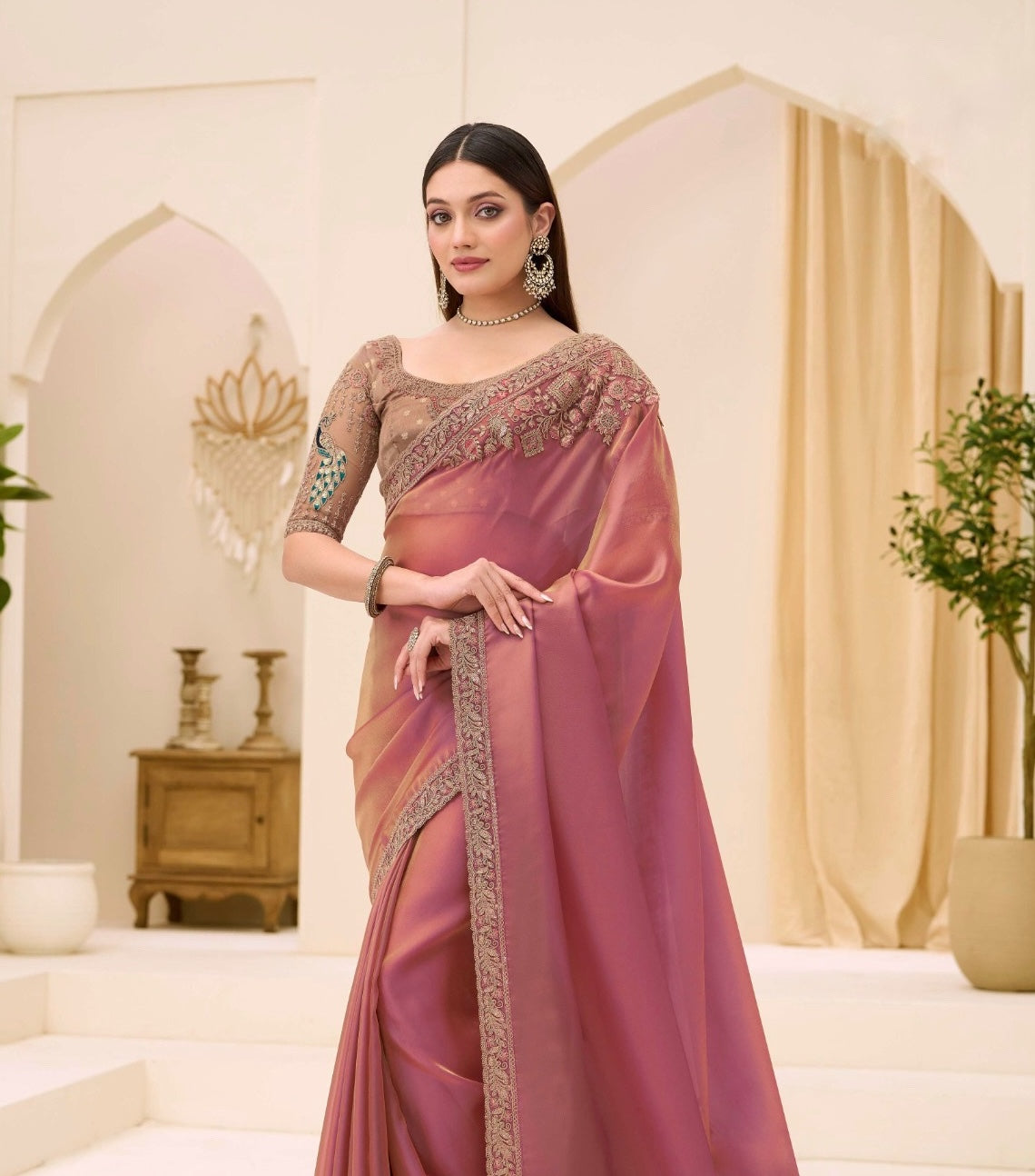 Rose Pink Cocktail Party Wear Readymade Saree
