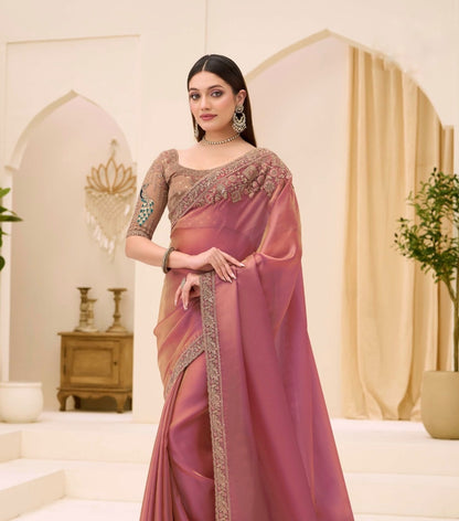 Rose Pink Cocktail Party Wear Readymade Saree