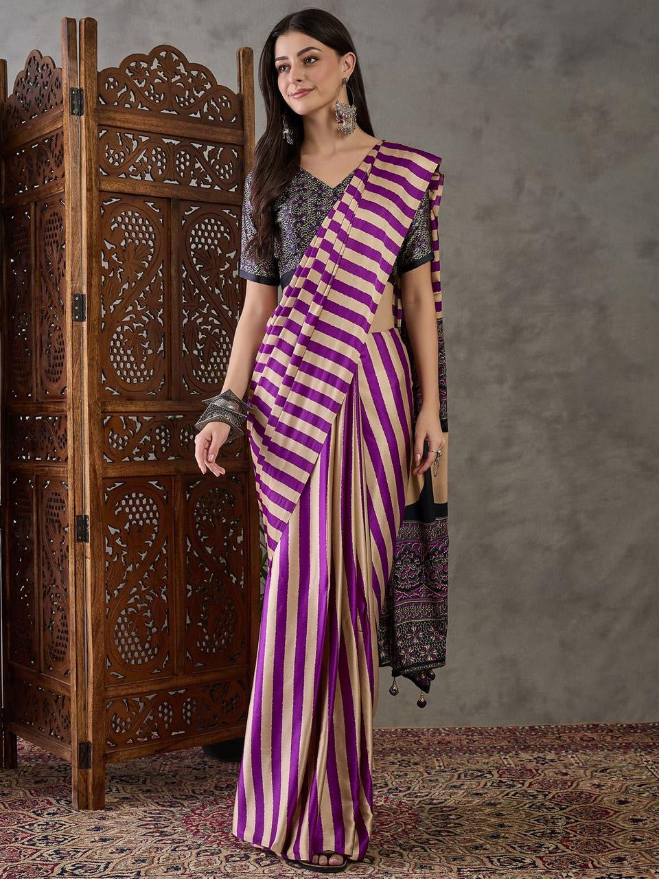 Purple Stripe Readymade Crepe Silk Saree - Panaash Saree