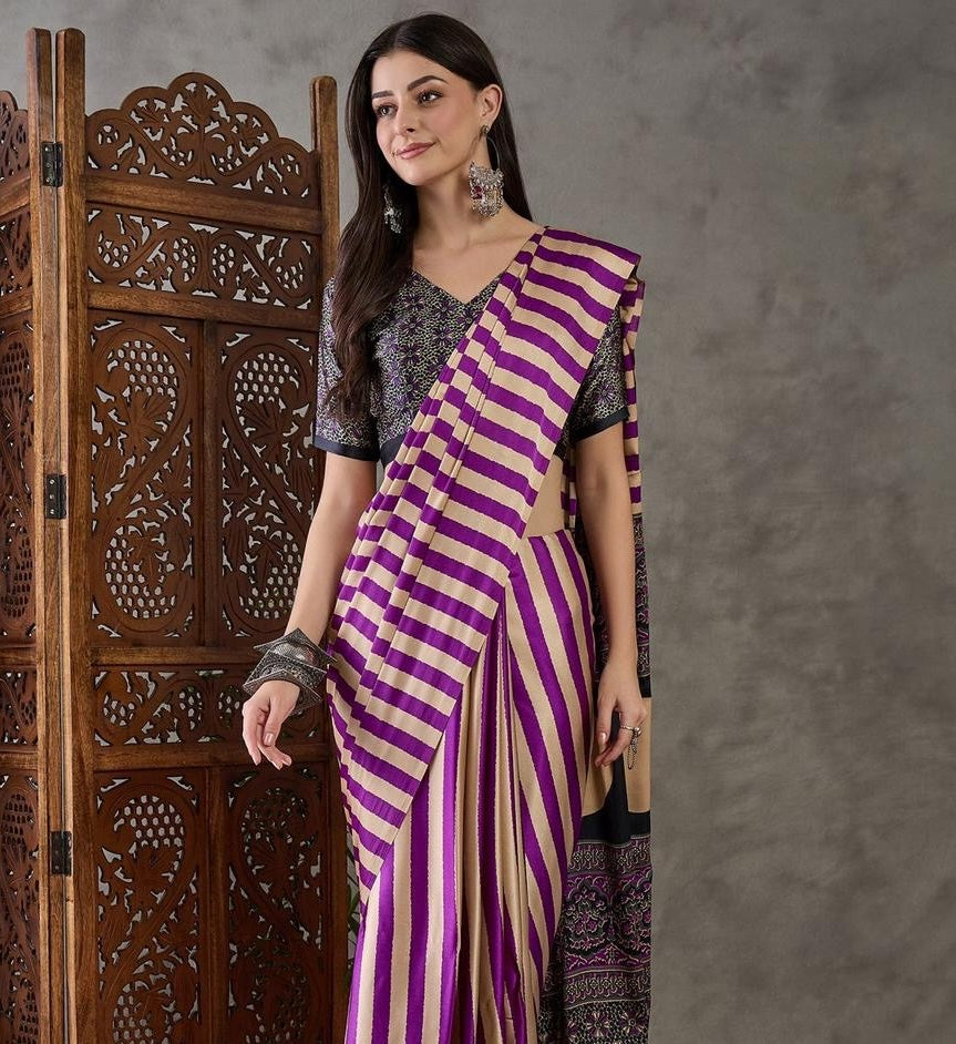 Purple Stripe Readymade Crepe Silk Saree - Panaash Saree