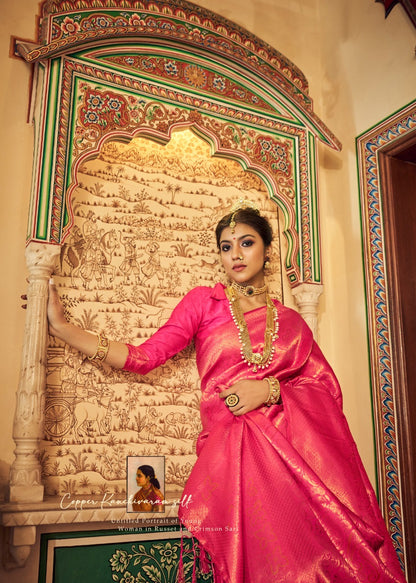 Pink Kanjivaram With Copper Zari Silk Readymade/Easy Saree