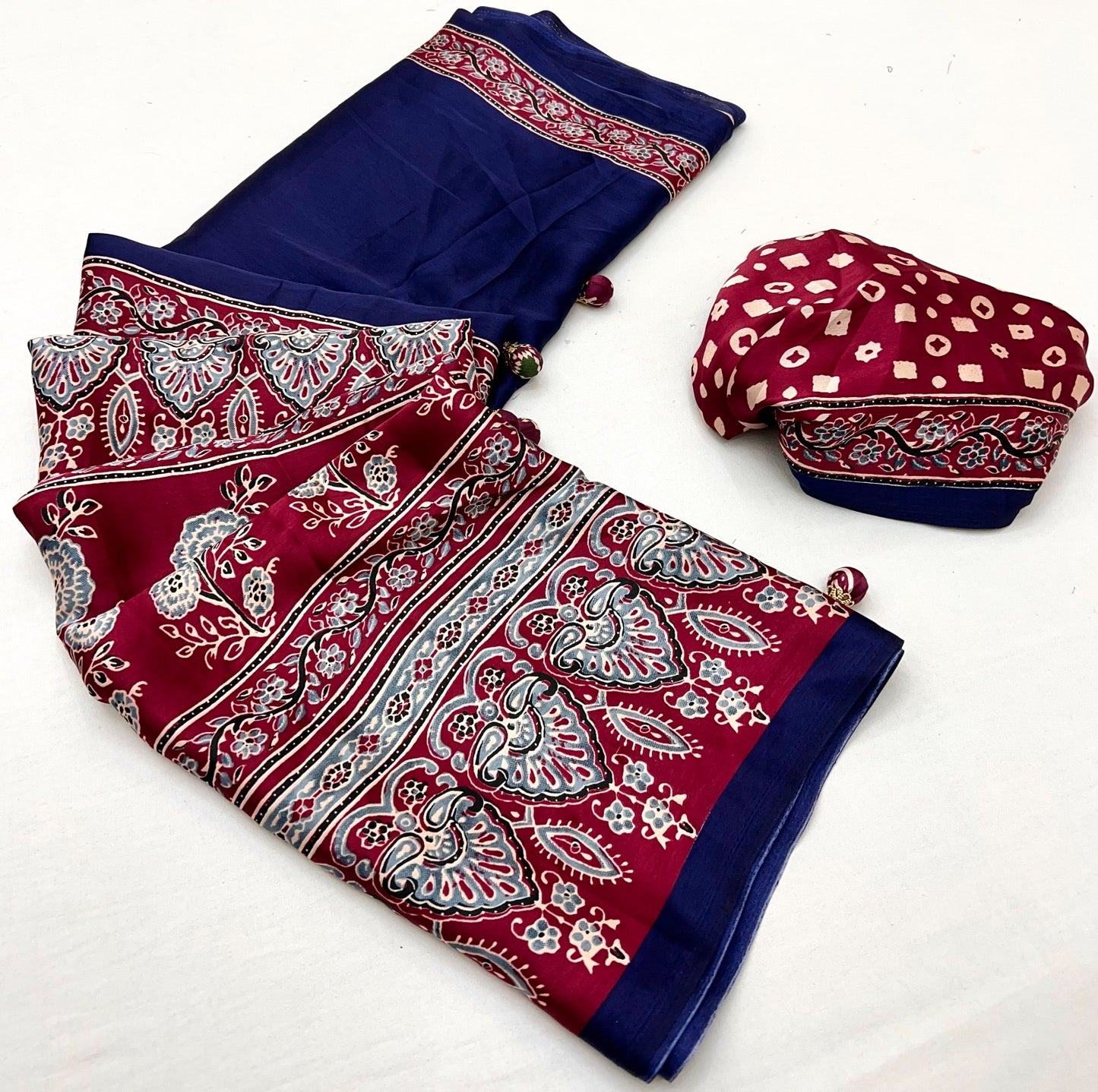 Navy Blue & Maroon Crepe Silk Readymade/Easy Saree
