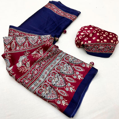 Navy Blue & Maroon Crepe Silk Readymade/Easy Saree
